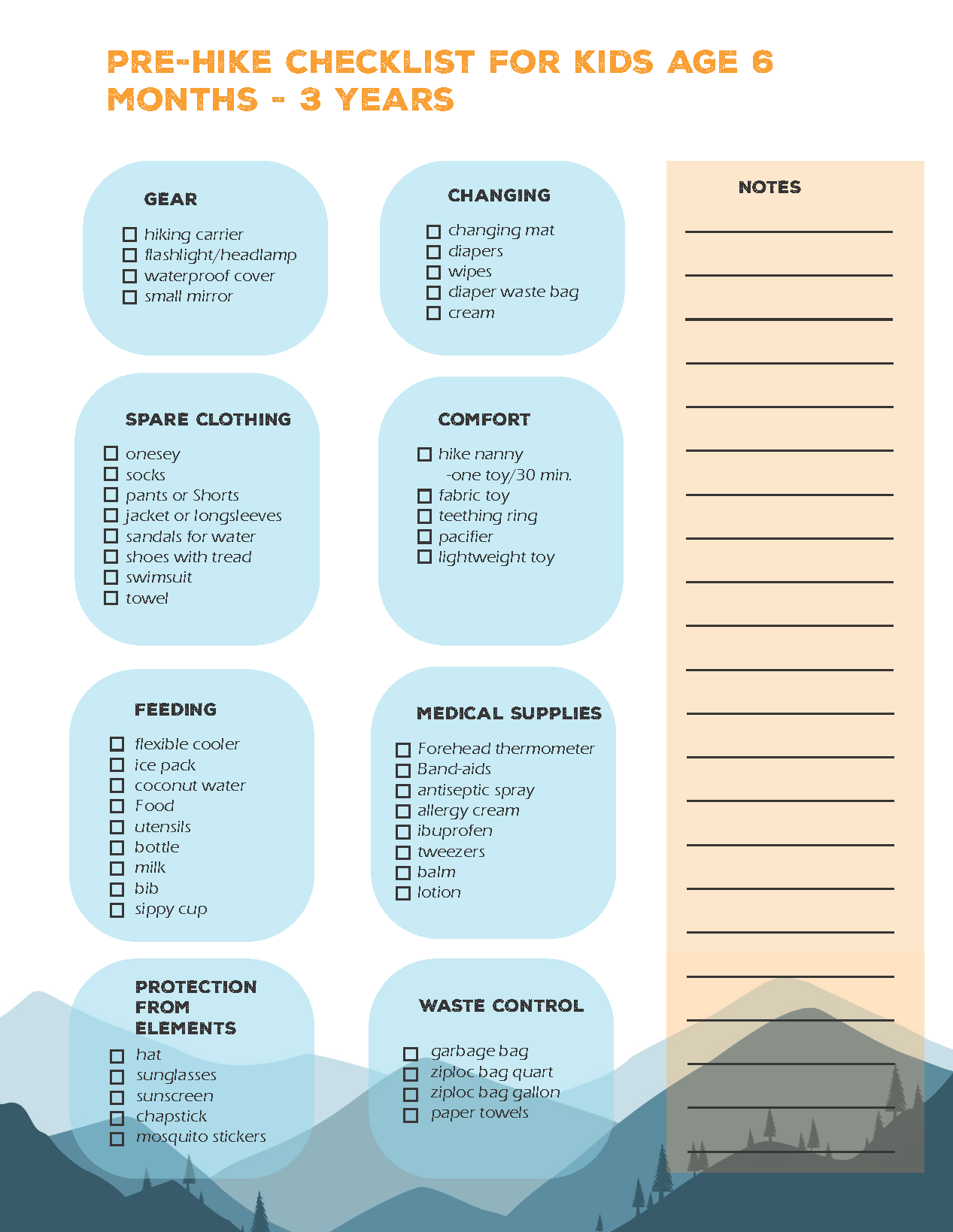 pre hike checklist of items to pack for babies aged 1-3 years old